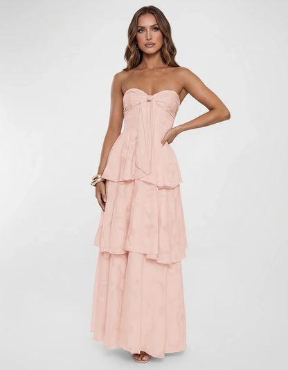 Chiffon Blend Strapless Sweetheart Tiered A-Line Maxi Dress for Party, Cocktail, Evening, Wedding Guest & Summer Events, fron | SKU: LM-482716503914827-BLUSH-L,LM-482716503914827-BLUSH-M,LM-482716503914827-BLUSH-S,LM-482716503914827-BLUSH-XL,LM-482716503914827-BLUSH-XS