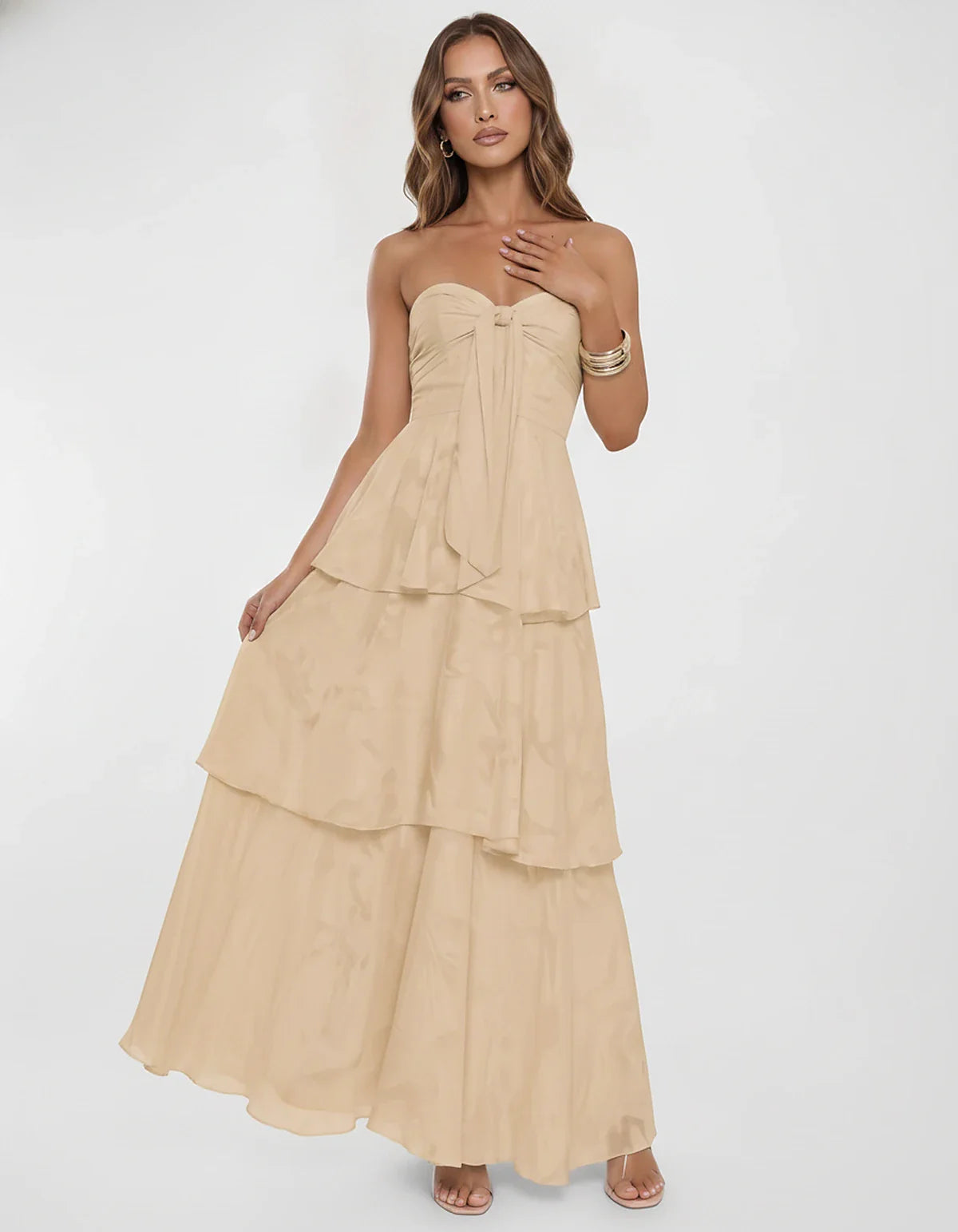 Chiffon Blend Strapless Sweetheart Tiered A-Line Maxi Dress for Party, Cocktail, Evening, Wedding Guest & Summer Events, fron | SKU: LM-482716503914827-CHAMPAGNE-L,LM-482716503914827-CHAMPAGNE-M,LM-482716503914827-CHAMPAGNE-S,LM-482716503914827-CHAMPAGNE-XL,LM-482716503914827-CHAMPAGNE-XS