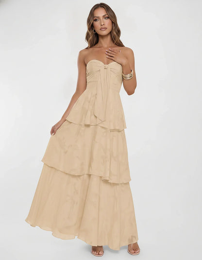 Chiffon Blend Strapless Sweetheart Tiered A-Line Maxi Dress for Party, Cocktail, Evening, Wedding Guest & Summer Events, fron | SKU: LM-482716503914827-CHAMPAGNE-L,LM-482716503914827-CHAMPAGNE-M,LM-482716503914827-CHAMPAGNE-S,LM-482716503914827-CHAMPAGNE-XL,LM-482716503914827-CHAMPAGNE-XS
