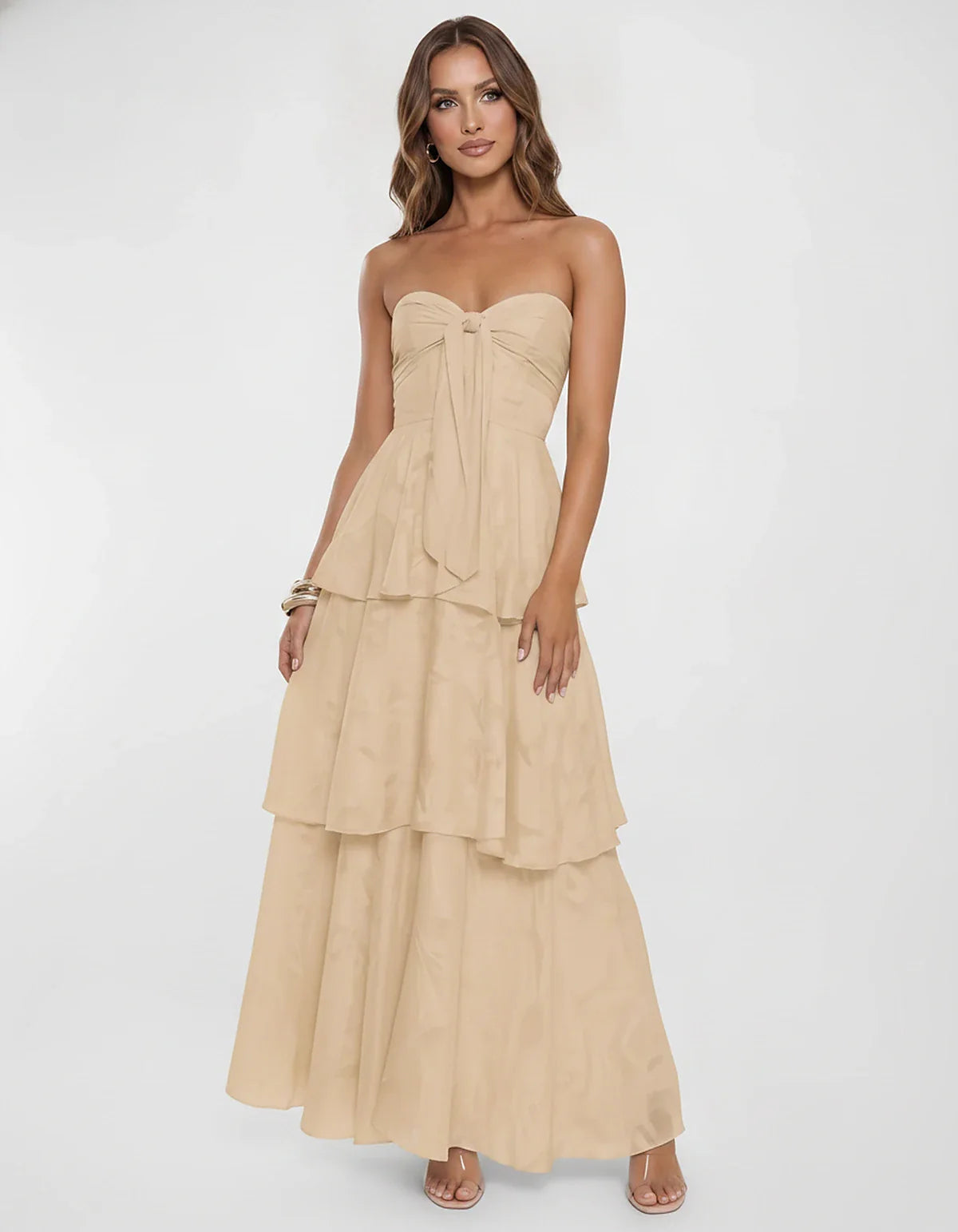 Chiffon Blend Strapless Sweetheart Tiered A-Line Maxi Dress for Party, Cocktail, Evening, Wedding Guest & Summer Events, fron | SKU: LM-482716503914827-CHAMPAGNE-L,LM-482716503914827-CHAMPAGNE-M,LM-482716503914827-CHAMPAGNE-S,LM-482716503914827-CHAMPAGNE-XL,LM-482716503914827-CHAMPAGNE-XS
