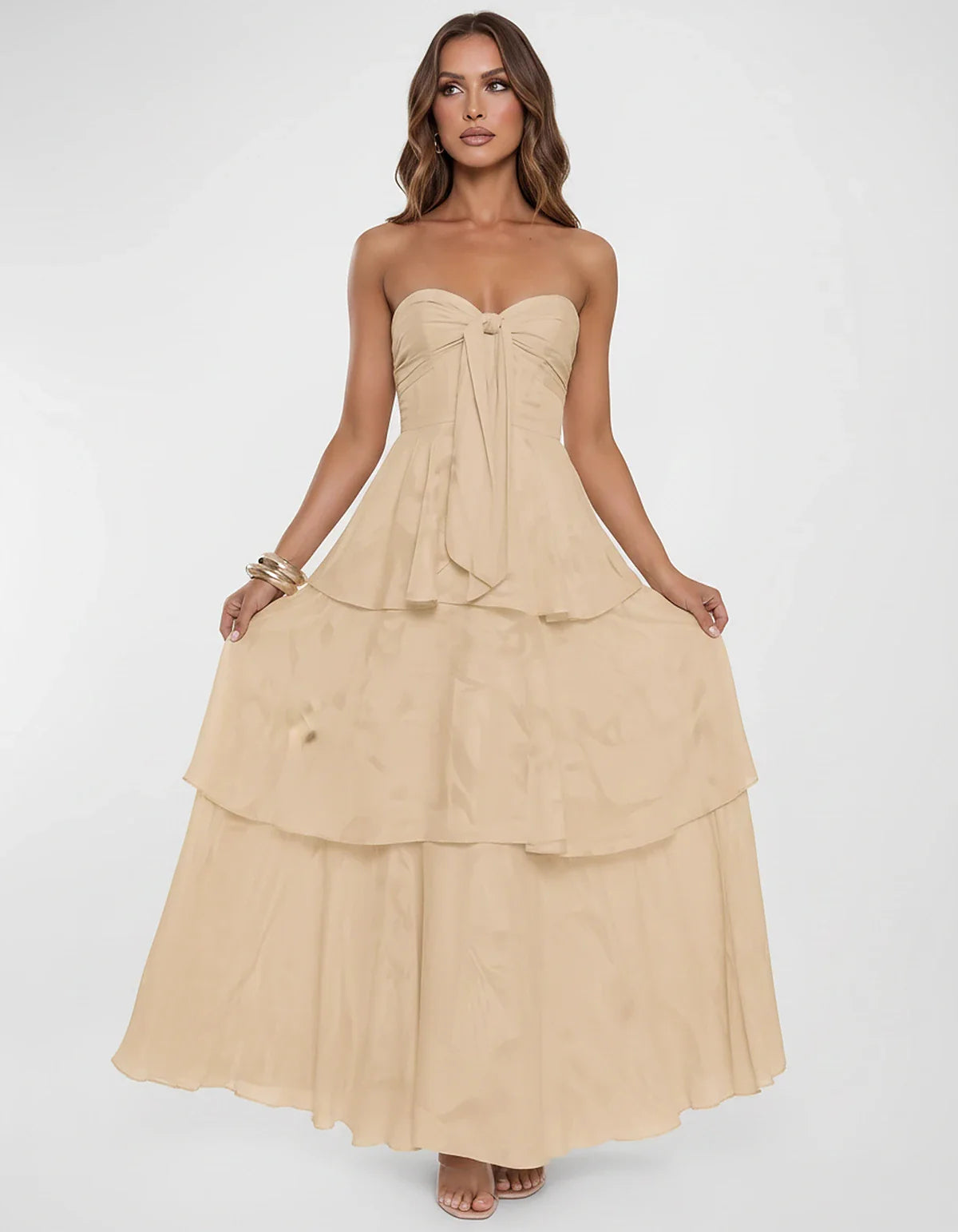 Chiffon Blend Strapless Sweetheart Tiered A-Line Maxi Dress for Party, Cocktail, Evening, Wedding Guest & Summer Events, fron | SKU: LM-482716503914827-CHAMPAGNE-L,LM-482716503914827-CHAMPAGNE-M,LM-482716503914827-CHAMPAGNE-S,LM-482716503914827-CHAMPAGNE-XL,LM-482716503914827-CHAMPAGNE-XS