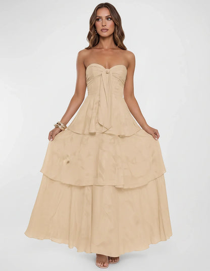 Chiffon Blend Strapless Sweetheart Tiered A-Line Maxi Dress for Party, Cocktail, Evening, Wedding Guest & Summer Events, fron | SKU: LM-482716503914827-CHAMPAGNE-L,LM-482716503914827-CHAMPAGNE-M,LM-482716503914827-CHAMPAGNE-S,LM-482716503914827-CHAMPAGNE-XL,LM-482716503914827-CHAMPAGNE-XS