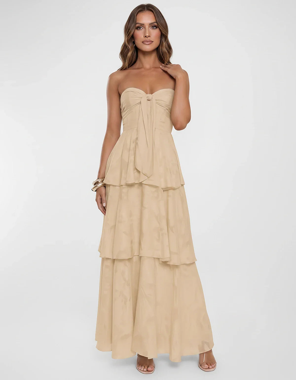 Chiffon Blend Strapless Sweetheart Tiered A-Line Maxi Dress for Party, Cocktail, Evening, Wedding Guest & Summer Events, fron | SKU: LM-482716503914827-CHAMPAGNE-L,LM-482716503914827-CHAMPAGNE-M,LM-482716503914827-CHAMPAGNE-S,LM-482716503914827-CHAMPAGNE-XL,LM-482716503914827-CHAMPAGNE-XS