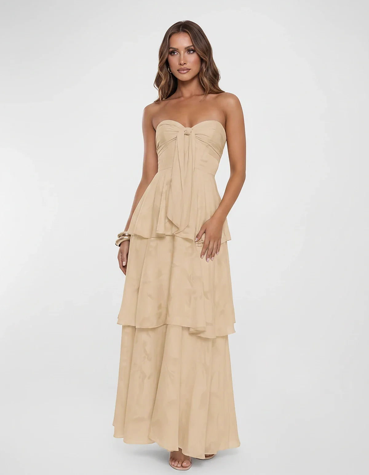 Chiffon Blend Strapless Sweetheart Tiered A-Line Maxi Dress for Party, Cocktail, Evening, Wedding Guest & Summer Events, fron | SKU: LM-482716503914827-CHAMPAGNE-L,LM-482716503914827-CHAMPAGNE-M,LM-482716503914827-CHAMPAGNE-S,LM-482716503914827-CHAMPAGNE-XL,LM-482716503914827-CHAMPAGNE-XS