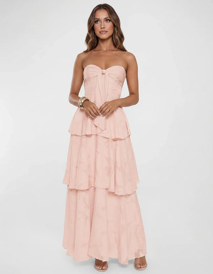 Chiffon Blend Strapless Sweetheart Tiered A-Line Maxi Dress for Party, Cocktail, Evening, Wedding Guest & Summer Events, fron | SKU: LM-482716503914827-BLUSH-L,LM-482716503914827-BLUSH-M,LM-482716503914827-BLUSH-S,LM-482716503914827-BLUSH-XL,LM-482716503914827-BLUSH-XS