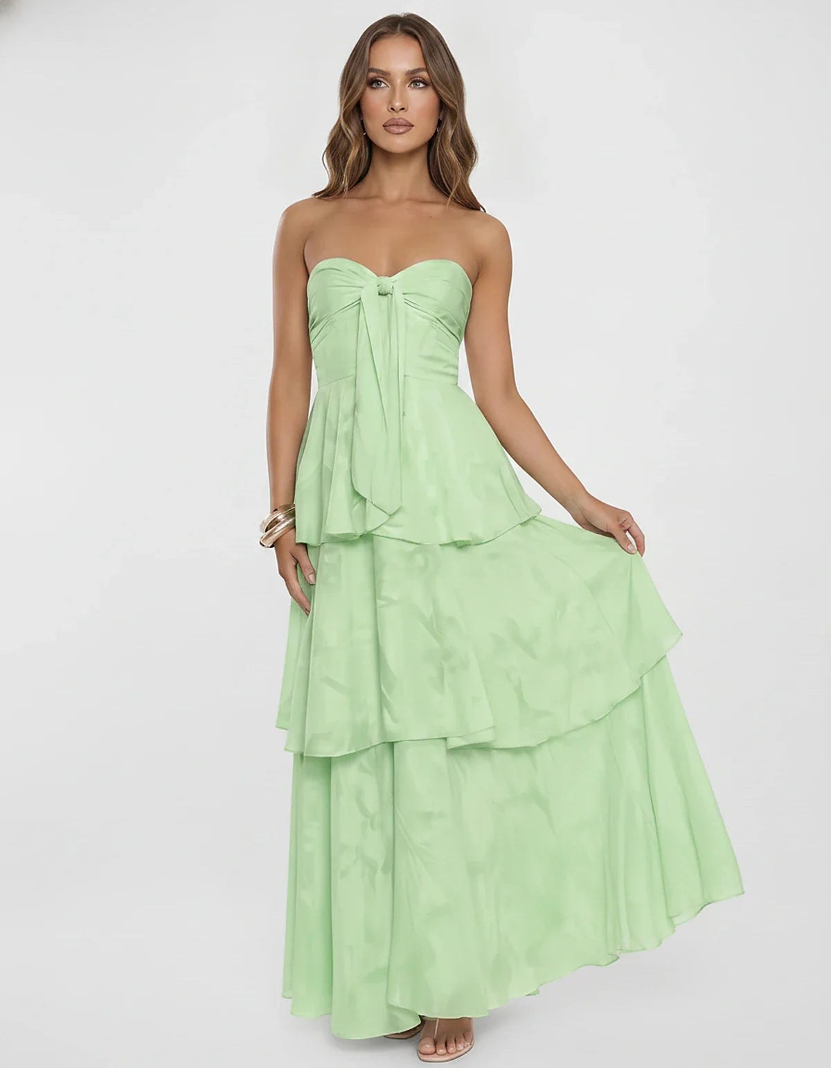 Chiffon Blend Strapless Sweetheart Tiered A-Line Maxi Dress for Party, Cocktail, Evening, Wedding Guest & Summer Events, fron | SKU: LM-482716503914827-MINT-L,LM-482716503914827-MINT-M,LM-482716503914827-MINT-S,LM-482716503914827-MINT-XL,LM-482716503914827-MINT-XS