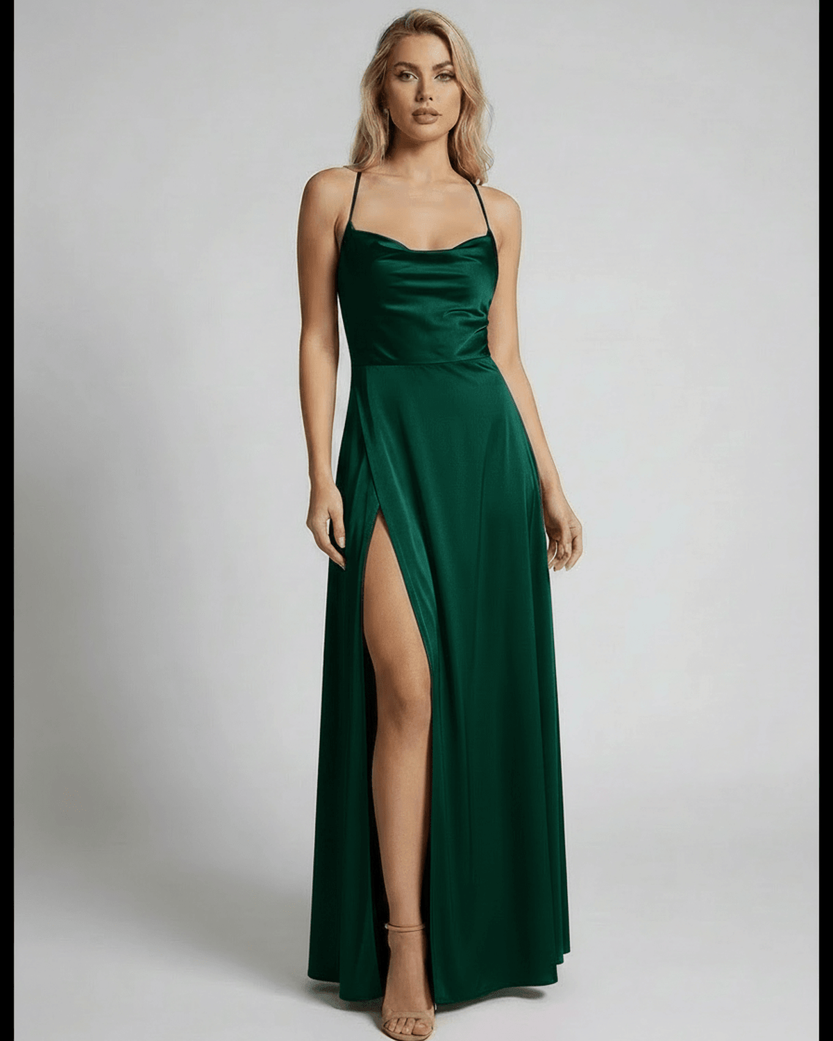 Emerald Satin A-line Round Neck Sleeveless Maxi Dress | Bridal Showers, front view | Ramblion | SKU: VMD-27495-emerald-L-4975,VMD-27495-emerald-M-9720,VMD-27495-emerald-S-8319,VMD-27495-emerald-XL-8648,VMD-27495-emerald-XS-6455