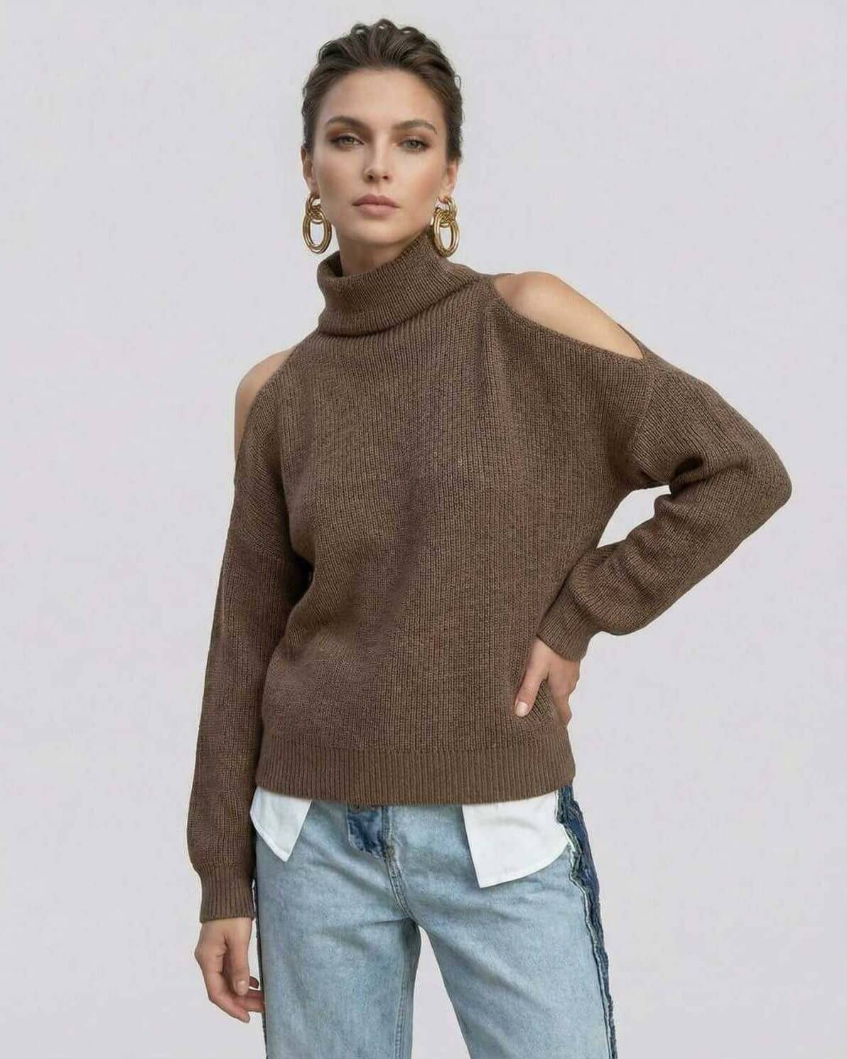 Lurex Sweater by RAMBLION, stylish brown off-shoulder knit, perfect for modern chic occasions.