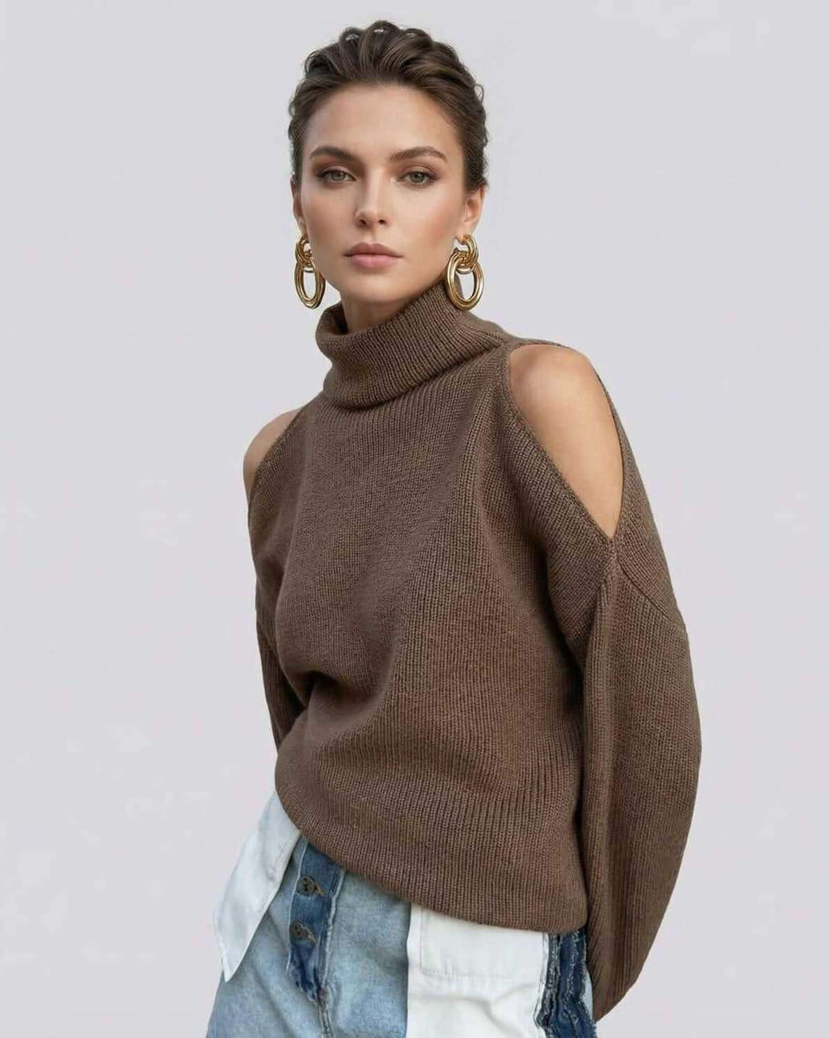 Lurex Sweater by RAMBLION, brown off shoulder design, modern turtleneck, stylish and comfortable for any occasion.
