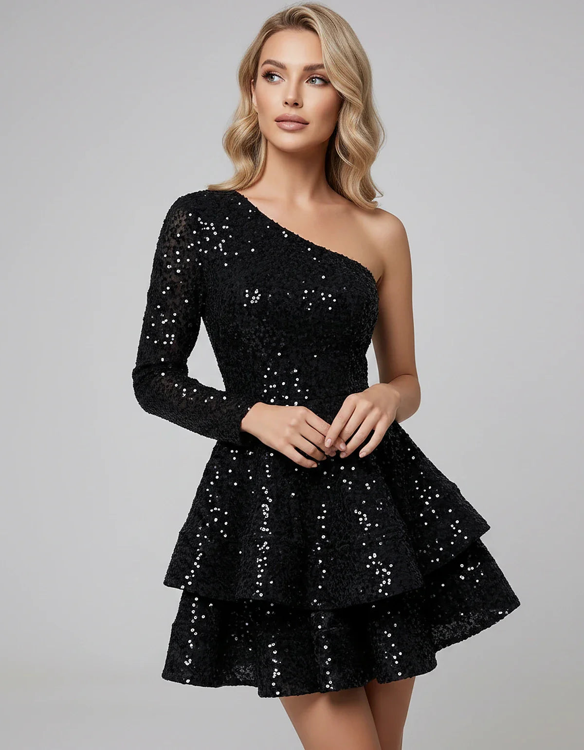 Black Sequin Fit and Flare One-Shoulder Long Sleeve Mini Dres | Ramblion | SKU: LMD-847392615038274-PEACOCK-L,LMD-847392615038274-PEACOCK-M,LMD-847392615038274-PEACOCK-S,LMD-847392615038274-PEACOCK-XL,LMD-847392615038274-PEACOCK-XS