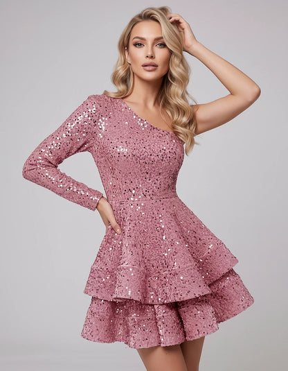 Black Sequin Fit and Flare One-Shoulder Long Sleeve Mini Dres | Ramblion | SKU: LMD-847392615038274-PEACOCK-L,LMD-847392615038274-PEACOCK-M,LMD-847392615038274-PEACOCK-S,LMD-847392615038274-PEACOCK-XL,LMD-847392615038274-PEACOCK-XS