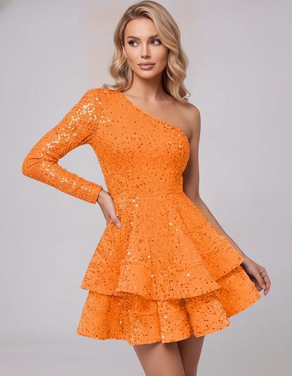 Black Sequin Fit and Flare One-Shoulder Long Sleeve Mini Dres | Ramblion | SKU: LMD-847392615038274-PEACOCK-L,LMD-847392615038274-PEACOCK-M,LMD-847392615038274-PEACOCK-S,LMD-847392615038274-PEACOCK-XL,LMD-847392615038274-PEACOCK-XS