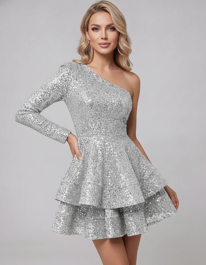 Black Sequin Fit and Flare One-Shoulder Long Sleeve Mini Dres | Ramblion | SKU: LMD-847392615038274-PEACOCK-L,LMD-847392615038274-PEACOCK-M,LMD-847392615038274-PEACOCK-S,LMD-847392615038274-PEACOCK-XL,LMD-847392615038274-PEACOCK-XS