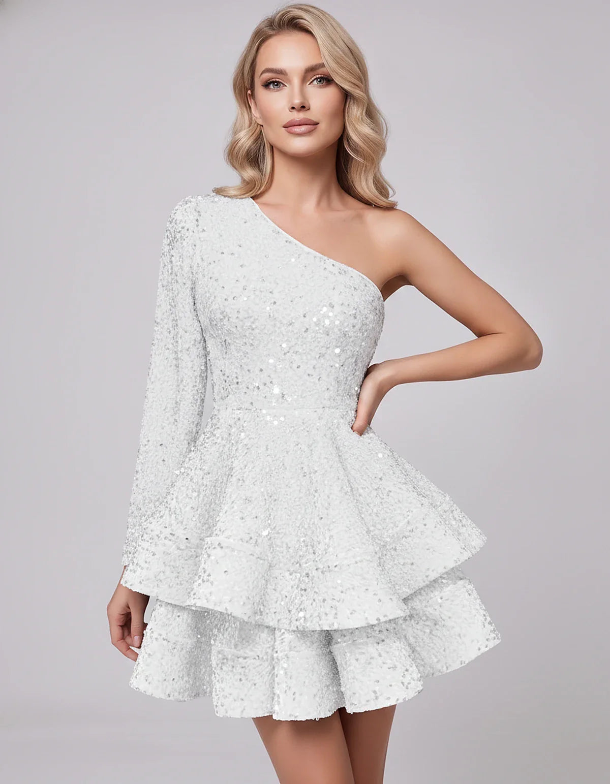 Black Sequin Fit and Flare One-Shoulder Long Sleeve Mini Dres | Ramblion | SKU: LMD-847392615038274-PEACOCK-L,LMD-847392615038274-PEACOCK-M,LMD-847392615038274-PEACOCK-S,LMD-847392615038274-PEACOCK-XL,LMD-847392615038274-PEACOCK-XS