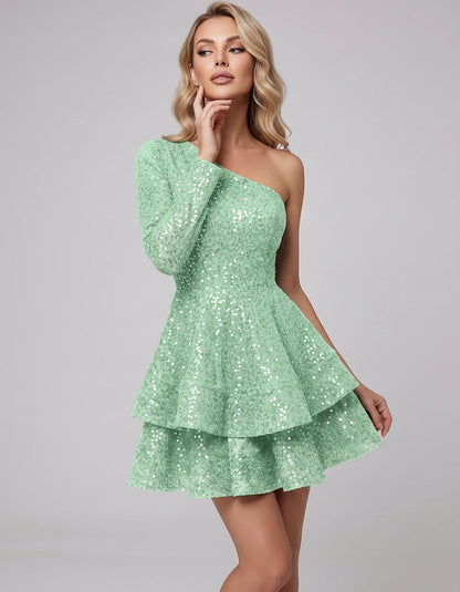 Black Sequin Fit and Flare One-Shoulder Long Sleeve Mini Dres | Ramblion | SKU: LMD-847392615038274-PEACOCK-L,LMD-847392615038274-PEACOCK-M,LMD-847392615038274-PEACOCK-S,LMD-847392615038274-PEACOCK-XL,LMD-847392615038274-PEACOCK-XS