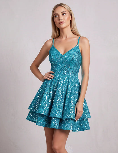 Sequin V Neck Spaghetti Strap Tiered A Line Mini Dress for Party Cocktail Evening Summer Wedding Guest Event Wear Stylish, fr | SKU: MD-573918264015872-BLUE-L,MD-573918264015872-BLUE-M,MD-573918264015872-BLUE-S,MD-573918264015872-BLUE-XL,MD-573918264015872-BLUE-XS