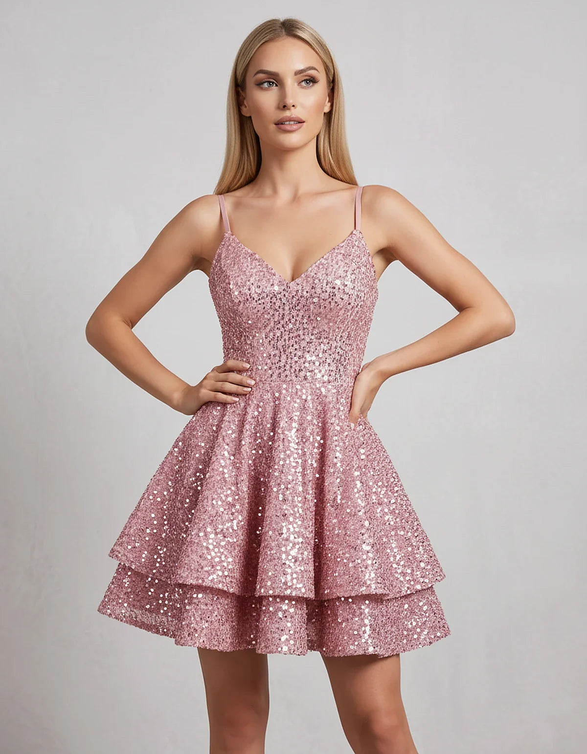 Sequin V Neck Spaghetti Strap Tiered A Line Mini Dress for Party Cocktail Evening Summer Wedding Guest Event Wear Stylish, fr | SKU: MD-573918264015872-BLUSH-L,MD-573918264015872-BLUSH-M,MD-573918264015872-BLUSH-S,MD-573918264015872-BLUSH-XL,MD-573918264015872-BLUSH-XS