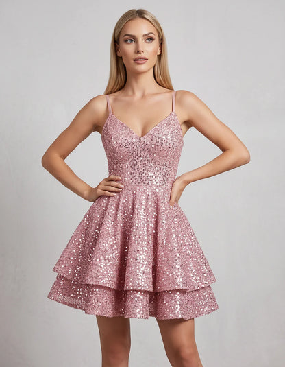 Sequin V Neck Spaghetti Strap Tiered A Line Mini Dress for Party Cocktail Evening Summer Wedding Guest Event Wear Stylish, fr | SKU: MD-573918264015872-BLUSH-L,MD-573918264015872-BLUSH-M,MD-573918264015872-BLUSH-S,MD-573918264015872-BLUSH-XL,MD-573918264015872-BLUSH-XS