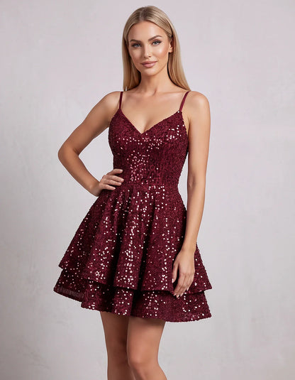 Sequin V Neck Spaghetti Strap Tiered A Line Mini Dress for Party Cocktail Evening Summer Wedding Guest Event Wear Stylish, fr | SKU: MD-573918264015872-BURGUNDY-L,MD-573918264015872-BURGUNDY-M,MD-573918264015872-BURGUNDY-S,MD-573918264015872-BURGUNDY-XL,MD-573918264015872-BURGUNDY-XS