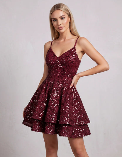 Sequin V Neck Spaghetti Strap Tiered A Line Mini Dress for Party Cocktail Evening Summer Wedding Guest Event Wear Stylish, fr | SKU: MD-573918264015872-BURGUNDY-L,MD-573918264015872-BURGUNDY-M,MD-573918264015872-BURGUNDY-S,MD-573918264015872-BURGUNDY-XL,MD-573918264015872-BURGUNDY-XS