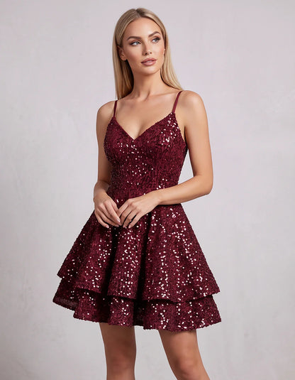 Sequin V Neck Spaghetti Strap Tiered A Line Mini Dress for Party Cocktail Evening Summer Wedding Guest Event Wear Stylish, fr | SKU: MD-573918264015872-BURGUNDY-L,MD-573918264015872-BURGUNDY-M,MD-573918264015872-BURGUNDY-S,MD-573918264015872-BURGUNDY-XL,MD-573918264015872-BURGUNDY-XS