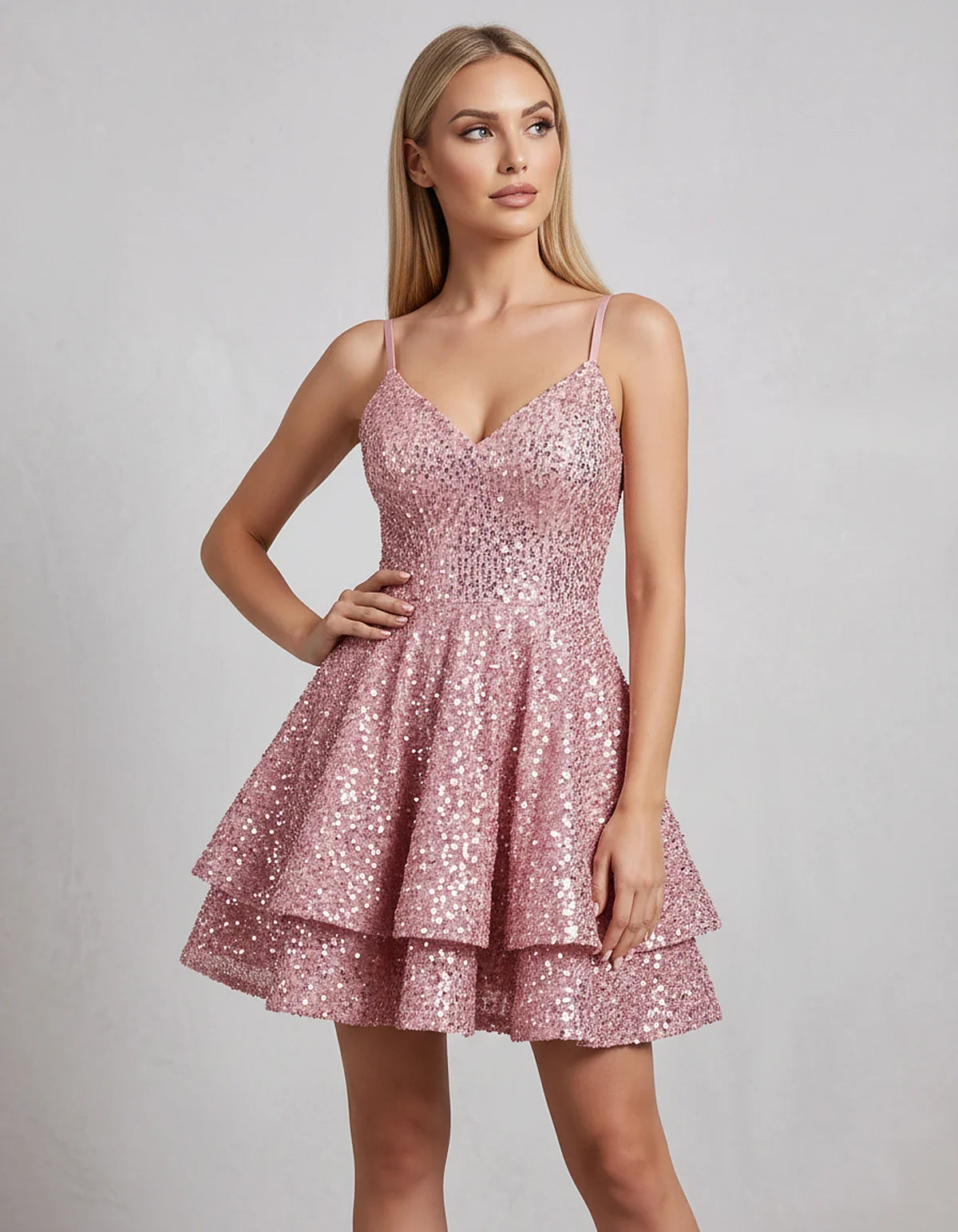 Sequin V Neck Spaghetti Strap Tiered A Line Mini Dress for Party Cocktail Evening Summer Wedding Guest Event Wear Stylish, fr | SKU: MD-573918264015872-BLUSH-L,MD-573918264015872-BLUSH-M,MD-573918264015872-BLUSH-S,MD-573918264015872-BLUSH-XL,MD-573918264015872-BLUSH-XS