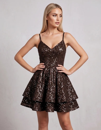 Sequin V Neck Spaghetti Strap Tiered A Line Mini Dress for Party Cocktail Evening Summer Wedding Guest Event Wear Stylish, fr | SKU: MD-573918264015872-CHOCOLATE-L,MD-573918264015872-CHOCOLATE-M,MD-573918264015872-CHOCOLATE-S,MD-573918264015872-CHOCOLATE-XL,MD-573918264015872-CHOCOLATE-XS