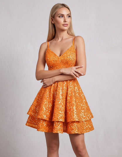 Sequin V Neck Spaghetti Strap Tiered A Line Mini Dress for Party Cocktail Evening Summer Wedding Guest Event Wear Stylish, fr | SKU: MD-573918264015872-ORANGE-L,MD-573918264015872-ORANGE-M,MD-573918264015872-ORANGE-S,MD-573918264015872-ORANGE-XL,MD-573918264015872-ORANGE-XS