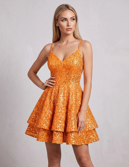 Sequin V Neck Spaghetti Strap Tiered A Line Mini Dress for Party Cocktail Evening Summer Wedding Guest Event Wear Stylish, fr | SKU: MD-573918264015872-ORANGE-L,MD-573918264015872-ORANGE-M,MD-573918264015872-ORANGE-S,MD-573918264015872-ORANGE-XL,MD-573918264015872-ORANGE-XS