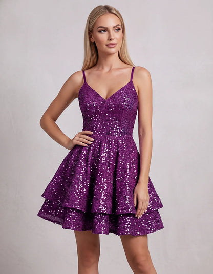 Sequin V Neck Spaghetti Strap Tiered A Line Mini Dress for Party Cocktail Evening Summer Wedding Guest Event Wear Stylish, fr | SKU: MD-573918264015872-PURPLE-L,MD-573918264015872-PURPLE-M,MD-573918264015872-PURPLE-S,MD-573918264015872-PURPLE-XL,MD-573918264015872-PURPLE-XS