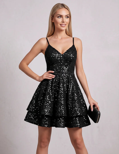 Sequin V Neck Spaghetti Strap Tiered A Line Mini Dress for Party Cocktail Evening Summer Wedding Guest Event Wear Stylish, fr | SKU: MD-573918264015872-BLACK-L,MD-573918264015872-BLACK-M,MD-573918264015872-BLACK-S,MD-573918264015872-BLACK-XL,MD-573918264015872-BLACK-XS