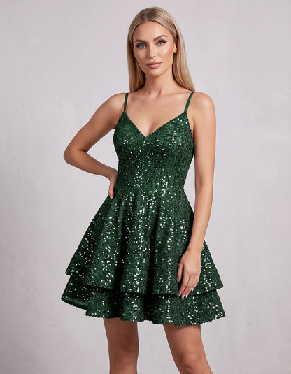 Sequin V Neck Spaghetti Strap Tiered A Line Mini Dress for Party Cocktail Evening Summer Wedding Guest Event Wear Stylish, fr | SKU: MD-573918264015872-ARMYGREEN-L,MD-573918264015872-ARMYGREEN-M,MD-573918264015872-ARMYGREEN-S,MD-573918264015872-ARMYGREEN-XL,MD-573918264015872-ARMYGREEN-XS