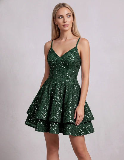 Sequin V Neck Spaghetti Strap Tiered A Line Mini Dress for Party Cocktail Evening Summer Wedding Guest Event Wear Stylish, fr | SKU: MD-573918264015872-ARMYGREEN-L,MD-573918264015872-ARMYGREEN-M,MD-573918264015872-ARMYGREEN-S,MD-573918264015872-ARMYGREEN-XL,MD-573918264015872-ARMYGREEN-XS