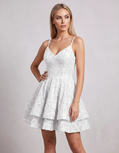 Sequin V Neck Spaghetti Strap Tiered A Line Mini Dress for Party Cocktail Evening Summer Wedding Guest Event Wear Stylish, fr | SKU: MD-573918264015872-WHITE-L,MD-573918264015872-WHITE-M,MD-573918264015872-WHITE-S,MD-573918264015872-WHITE-XL,MD-573918264015872-WHITE-XS