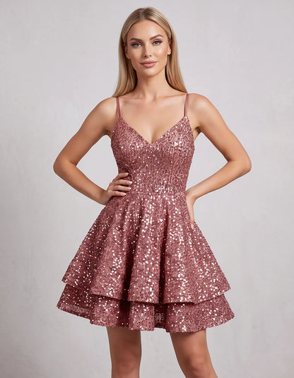 Sequin V Neck Spaghetti Strap Tiered A Line Mini Dress for Party Cocktail Evening Summer Wedding Guest Event Wear Stylish, fr | SKU: MD-573918264015872-DUSTYROSE-L,MD-573918264015872-DUSTYROSE-M,MD-573918264015872-DUSTYROSE-S,MD-573918264015872-DUSTYROSE-XL,MD-573918264015872-DUSTYROSE-XS