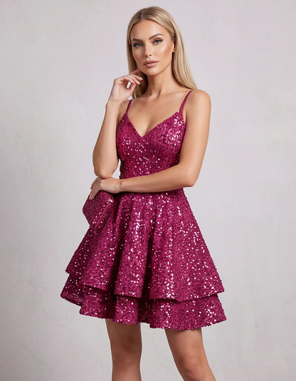 Sequin V Neck Spaghetti Strap Tiered A Line Mini Dress for Party Cocktail Evening Summer Wedding Guest Event Wear Stylish, fr | SKU: MD-573918264015872-FUCHSIA-L,MD-573918264015872-FUCHSIA-M,MD-573918264015872-FUCHSIA-S,MD-573918264015872-FUCHSIA-XL,MD-573918264015872-FUCHSIA-XS