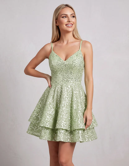 Sequin V Neck Spaghetti Strap Tiered A Line Mini Dress for Party Cocktail Evening Summer Wedding Guest Event Wear Stylish, fr | SKU: MD-573918264015872-MINT-L,MD-573918264015872-MINT-M,MD-573918264015872-MINT-S,MD-573918264015872-MINT-XL,MD-573918264015872-MINT-XS