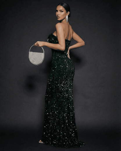 Lyra Maxi Dress in green sequin satin, strapless elegance perfect for special occasions by RAMBLION.