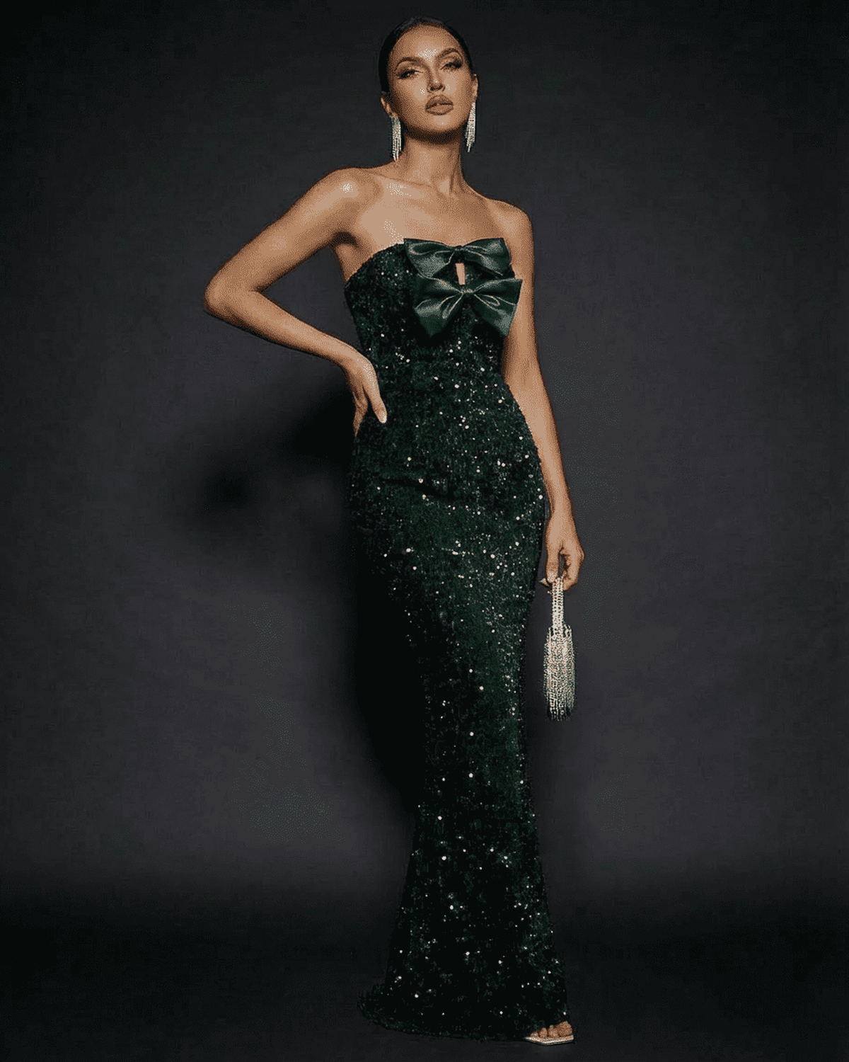 Lyra Maxi Dress - Green Strapless Sequin Dress by RAMBLION, perfect for elegant occasions.