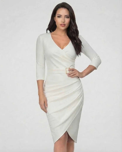 Ivory Bodycon V-Neck 3/4 Sleeve Midi Dress | Gala Nights, Night Out, Everyday Wear & Casual Wear, front view | Ramblion | SKU: SMD-284975613-ivory-L-5772,SMD-284975613-ivory-M-3817,SMD-284975613-ivory-S-7602,SMD-284975613-ivory-XL-4780,SMD-284975613-ivory-XS-8447