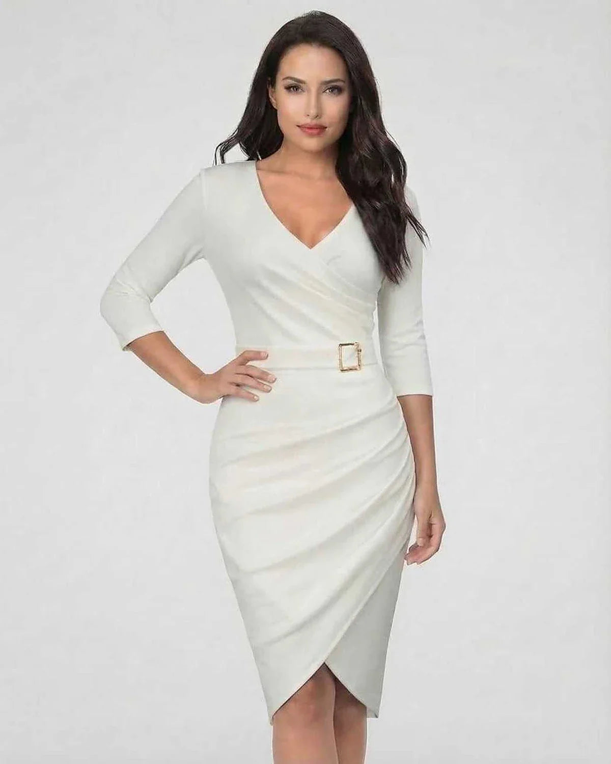 Ivory Bodycon V-Neck 3/4 Sleeve Midi Dress | Gala Nights, Night Out, Everyday Wear & Casual Wear, front view | Ramblion | SKU: SMD-284975613-ivory-L-5772,SMD-284975613-ivory-M-3817,SMD-284975613-ivory-S-7602,SMD-284975613-ivory-XL-4780,SMD-284975613-ivory-XS-8447
