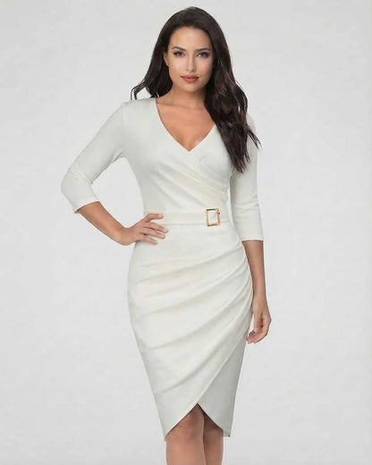 Ivory Bodycon V-Neck 3/4 Sleeve Midi Dress | Gala Nights, Night Out, Everyday Wear & Casual Wear, front view | Ramblion | SKU: SMD-284975613-ivory-L-5772,SMD-284975613-ivory-M-3817,SMD-284975613-ivory-S-7602,SMD-284975613-ivory-XL-4780,SMD-284975613-ivory-XS-8447