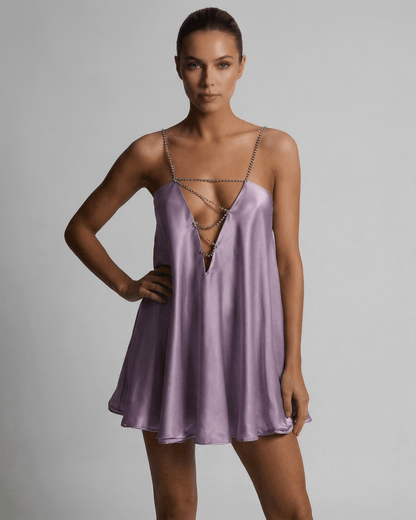 Anna Mini Dress by RAMBLION, featuring a luxurious purple satin, V neck, perfect for summer occasions, and stylish elegance.