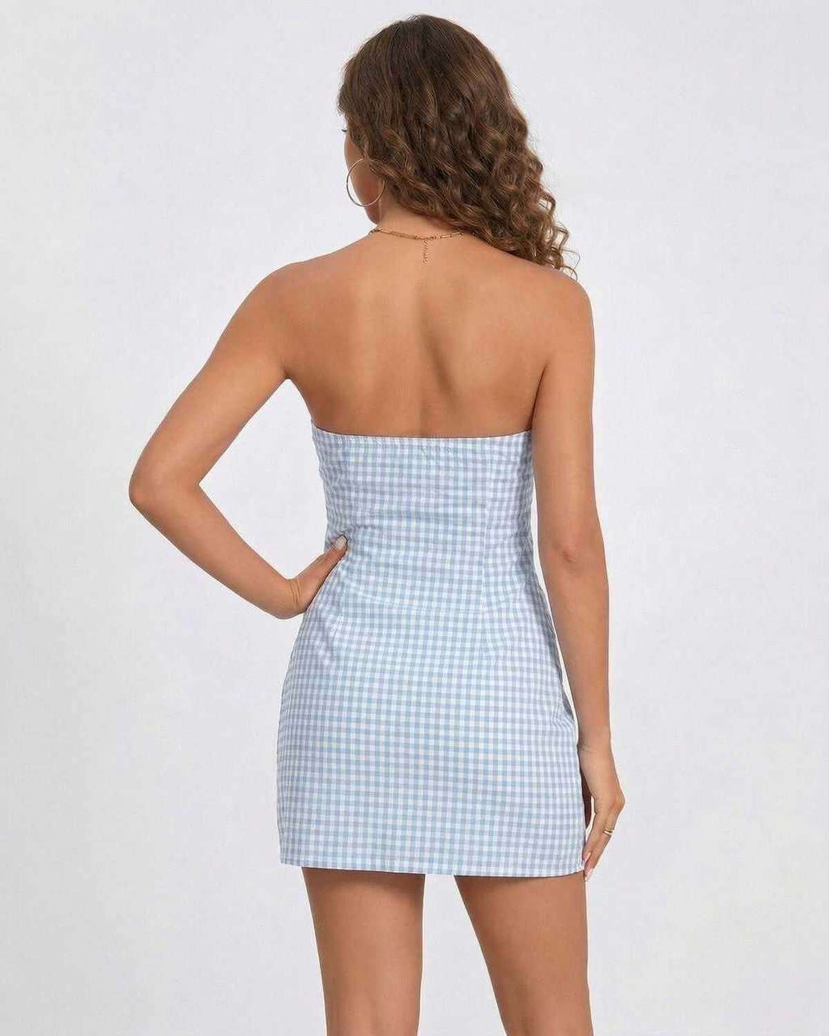 Back view of Mace Mini Dress by RAMBLION, featuring a strapless design and blue gingham pattern, perfect for summer outings.