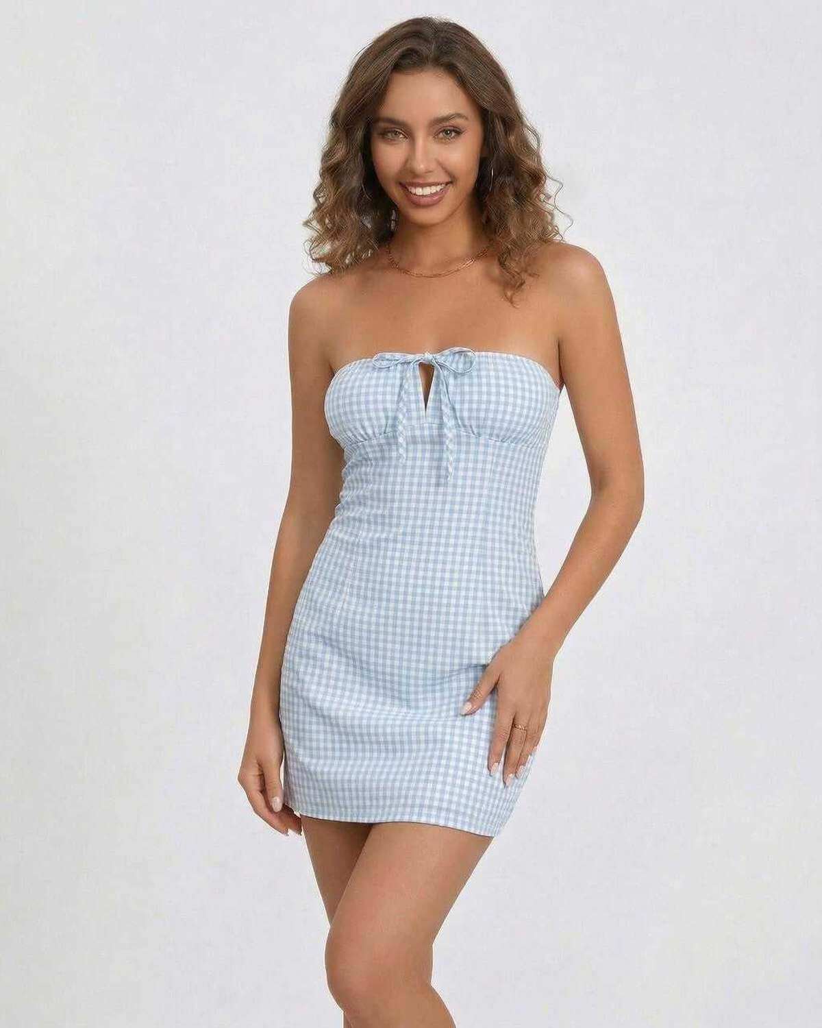 Mace Mini Dress by RAMBLION, strapless white dress with blue gingham pattern, ideal for summer occasions.