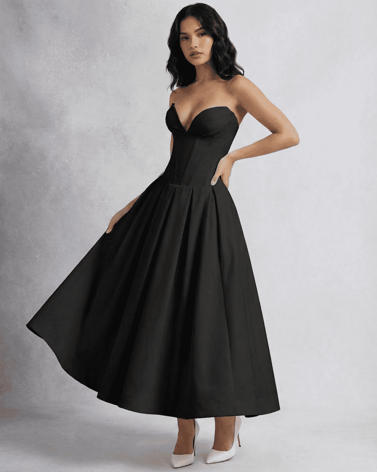 Macu Midi Dress in black, strapless design, A-line silhouette, elegant and luxurious for special occasions by RAMBLION.