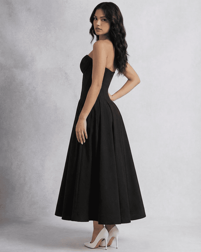 Macu Midi Dress in black, strapless, A-line silhouette, elegant style for special occasions by RAMBLION.
