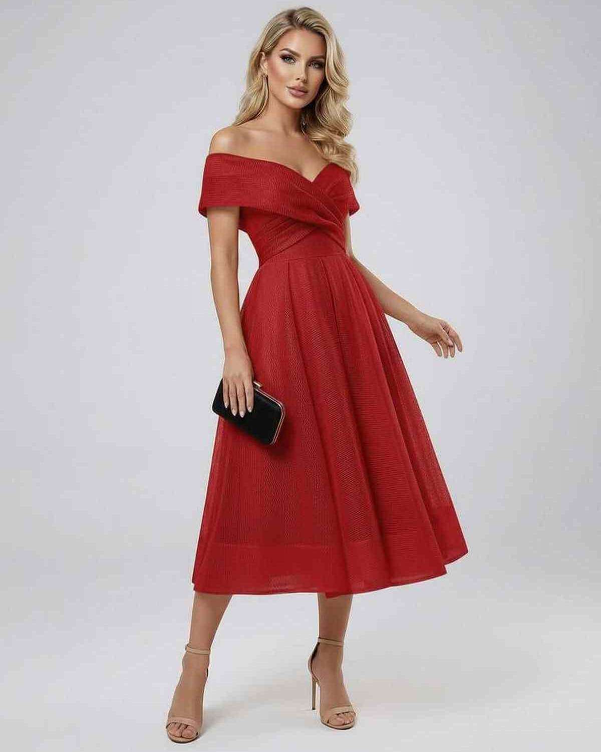 Mada Midi Dress in striking red, off-shoulder design, perfect for special occasions, by RAMBLION.