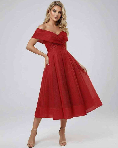 Mada Midi Dress in red, 100% Polyester, stylish elegance for events by RAMBLION.