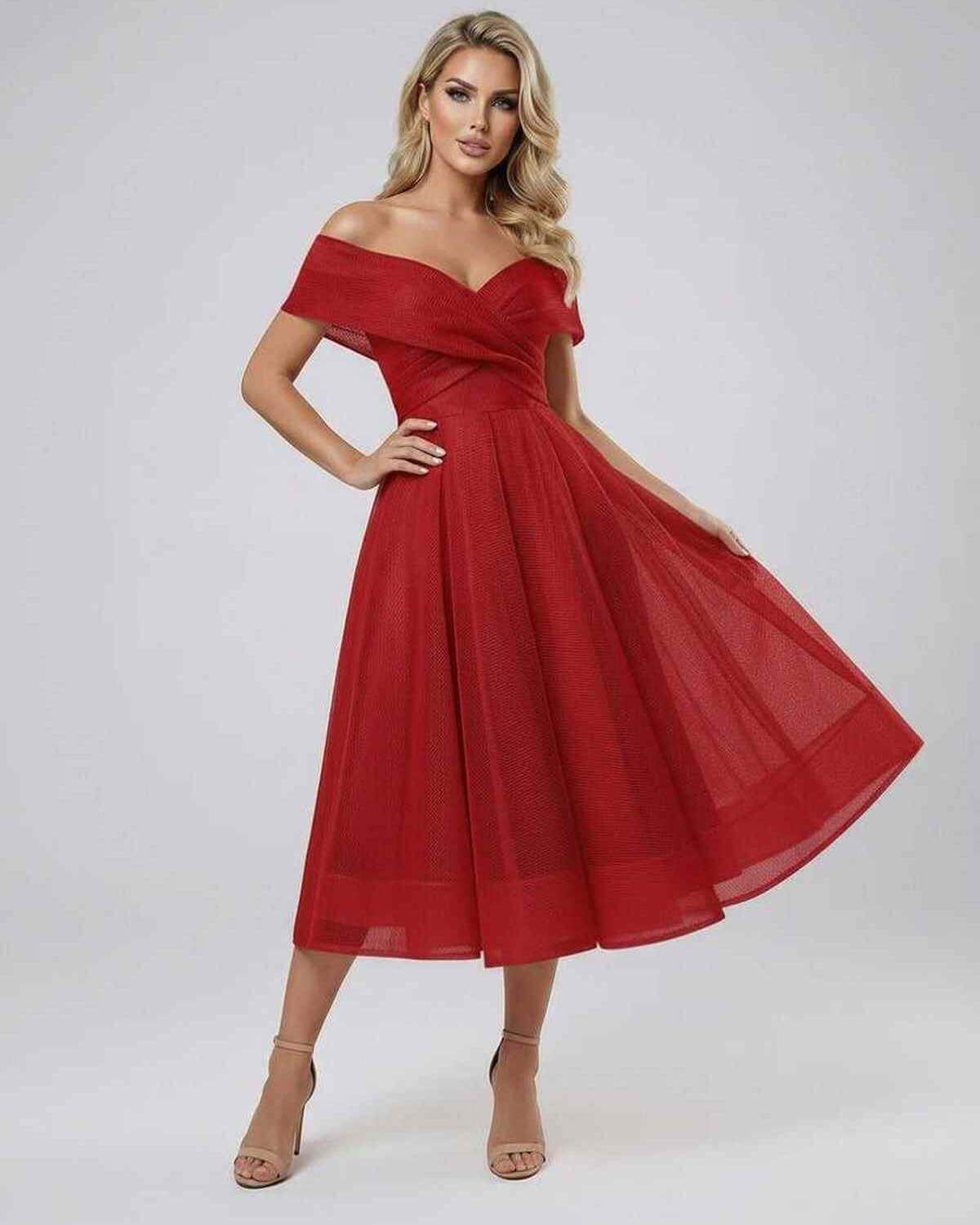 Mada Midi Dress by RAMBLION in red, off-shoulder, midi-length, sophisticated style perfect for events.